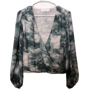 ASTR The Label Green White Faux Wrap Flowy‎ Balloon Sleeve Blouse Womens Size S